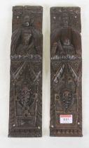 A pair of antique oak panels in the Elizabethan style, each carved with a figure, h.35cm Lady –