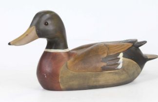 A carved wood model of a mallard duck, length 39cm