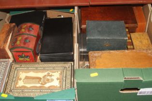 Two boxes of various boxes, to include carved wood and leather clad examples