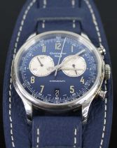 A Christopher Ward gent's steel cased quartz chronograph, case dia.39mm, on blue leather bracelet