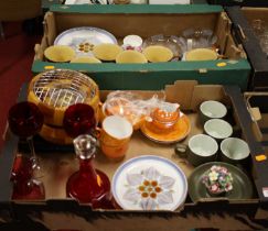 Three boxes of glassware and ceramics to include an Art Deco Myott & Son fan vase, cranberry