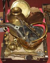 A collection of metalware, to include a pair of 18th century brass ejector table candlesticks,