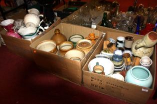 Three boxes of mixed ceramics, to include stoneware flagons