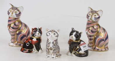 A Royal Crown Derby porcelain paperweight in the form of a cat, having silver stopper, h.13cm;