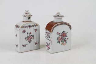 An 18th century Chinese famille rose porcelain tea caddy and cover, h.13cm; together with another (