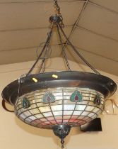 A burnished metal and colour lead glazed inset plafonnier, having integral ceiling rose, suspended