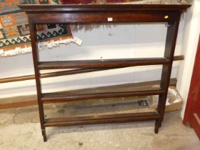 A 19th century oak three-tier Delft rack, w.121cm Solid and useable, some later elements, knocks &