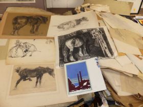 Art college student's folio and contents of assorted drawings, largely being sketches in pencil,