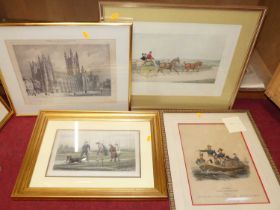 Assorted prints to include stagecoach example, topographical examples, and a set of four