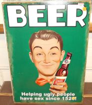 A lithograph printed tin humorous sign for beer, 70 x 50cm