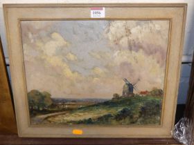 Meredith Watling - Extensive landscape with windmill and cattle grazing, oil on panel, signed