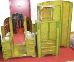 A 1930s green and gilt scramble-finish ply bedroom suite, comprising; single door wardrobe,