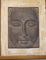 A Far Eastern pottery face mask, 42 x 32cm, in lime-washed wooden frame