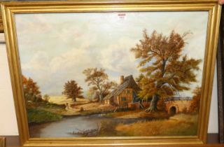 J Caines - River landscape with timbered house, oil on canvas, signed and dated 1986 lower right, 50