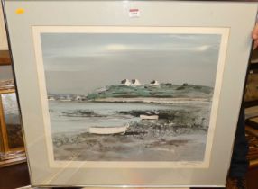 Georges Laporte (1926-2000) - Boats on the beach at low tide, limited edition lithograph, signed and