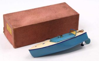 Hornby Racing Boat No.1 "Racer 1", tinplate and clockwork example, comprising blue and cream hull