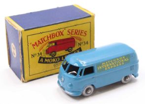 Matchbox Lesney No. 34 Volkswagen Panel Van comprising a blue body, with silver plastic wheels,