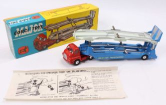 Corgi Toys No. 1101 Bedford Carrimore car transporter comprising of red cab and chassis with blue