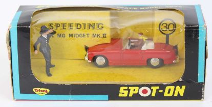 Spot-on No.281 "Speeding" MG Midget Sports Car, red body, white interior with figure driver, cast