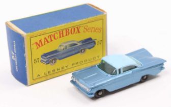 Matchbox Lesney No. 57 Chevrolet Impala, two tone blue body, with a black base, and black plastic