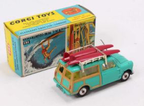 Corgi Toys No. 485 BMC Mini Countryman comprising of a turquoise body with lemon interior and spun