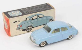 Tekno No.827 Saab 96 pale blue, cream interior, chrome hubs, white walled tyres, in the original