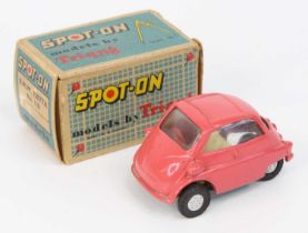 Spot On By Triang No.118, BMW Isetta, pink body with yellow interior, spun hubs in the original card