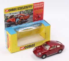 Corgi Toys No. 341 Mini Marcos GT850, metallic maroon body with cream interior, golden jacks take-