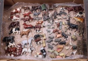 A tray of Britains and similar lead farm animals and figures including horses, sheep, pigs, a