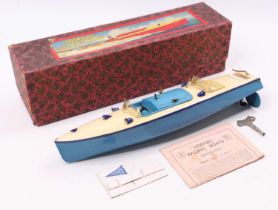 Hornby Racing Boat No. 3, Racer 3 Speedboat, clockwork comprising of two-tone blue and cream body