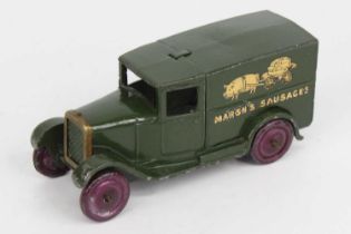 Dinky Toys, Pre-War 28K, Delivery Van “Marsh and Baxter Sausages”, dark green body with gold livery,