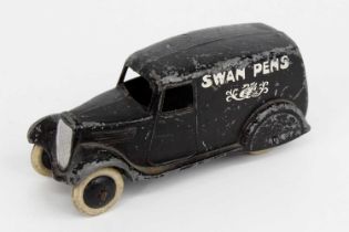 Dinky Toys pre-war No. 28R type 2 delivery van (Swan Pens) comprising black body with black hubs and