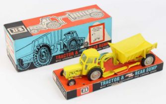 Britains No. 9630 Fordson Supermajor tractor and rear dump, all yellow version with grey hubs,