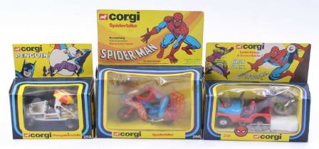 Corgi Toys boxed TV / Film group of 3 comprising No. 261 Spiderbuggy & Green Goblin, No. 266