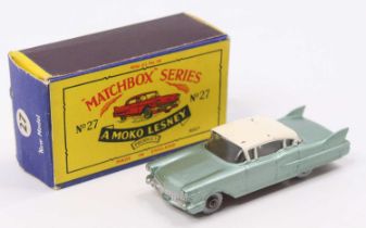Matchbox Lesney No. 27 Cadillac Sixty Special, metallic green body, with cream roof, maroon base,