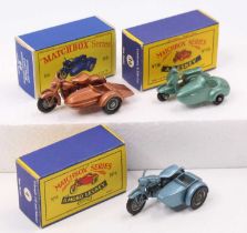 Matchbox Lesney motorcycle group of 3 comprising No. 4 Triumph 110 Motorcycle & Sidecar, No. 36