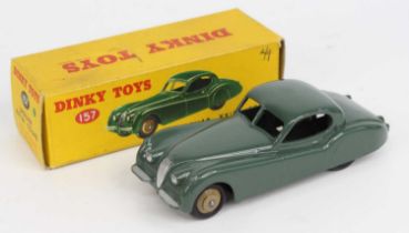 Dinky Toys, 157 Jaguar XK120 Coupe, dark sage green body, fawn hubs, silver detailed headlights