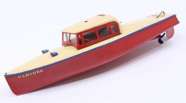 Hornby No.4 Limousine "Venture" Boat, tinplate and clockwork, red and cream example with blue