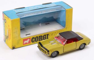 Corgi Toys No. 338 Chevrolet SS 350 Camaro in metallic green/gold with a red interior, black roof