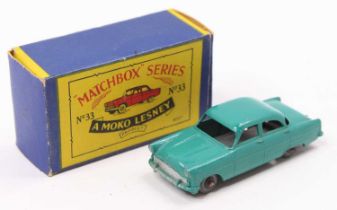 Matchbox Lesney No. 33 Ford Zodiac, sea green body, with silver trim, and metal wheels, sold in