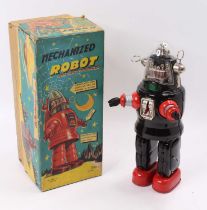 Nomura (Japan), 'Robbie the Robot', tinplate black body with red feet and chrome detailing, 2