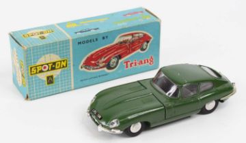 Spot On Models No.217 Jaguar E Type, green body with grey interior, flat spun hubs, in the