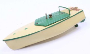 Hornby, Racer 1 Speedboat, clockwork and tinplate, cream hull and deck with green lining and central