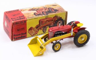 A Lincoln International diecast model of a Massey Harris Tractor with front end loader comprising