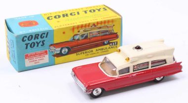 Corgi Toys No. 437 Superior Ambulance on Cadillac chassis comprising of red and cream body with