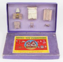 Dinky Toys Pre War No.102 Bedroom set in box, Consists of bed, wardrobe, dressing table, cupboard,