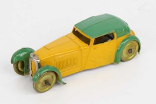 Dinky Toys pre-war No. 22B closed sports coupe comprising yellow and green body with gold washed