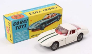 Corgi Toys No. 324 Marcos 1800 GT comprising of white body with red interior and racing No. 4 with