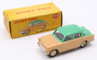 Dinky Toys No. 175 Hillman Minx saloon comprising of beige lower body with matching hubs and cream