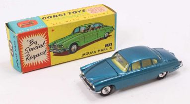 Corgi Toys No. 238 Jaguar Mk 10, comprising of metallic kingfisher blue body with a lemon interior
